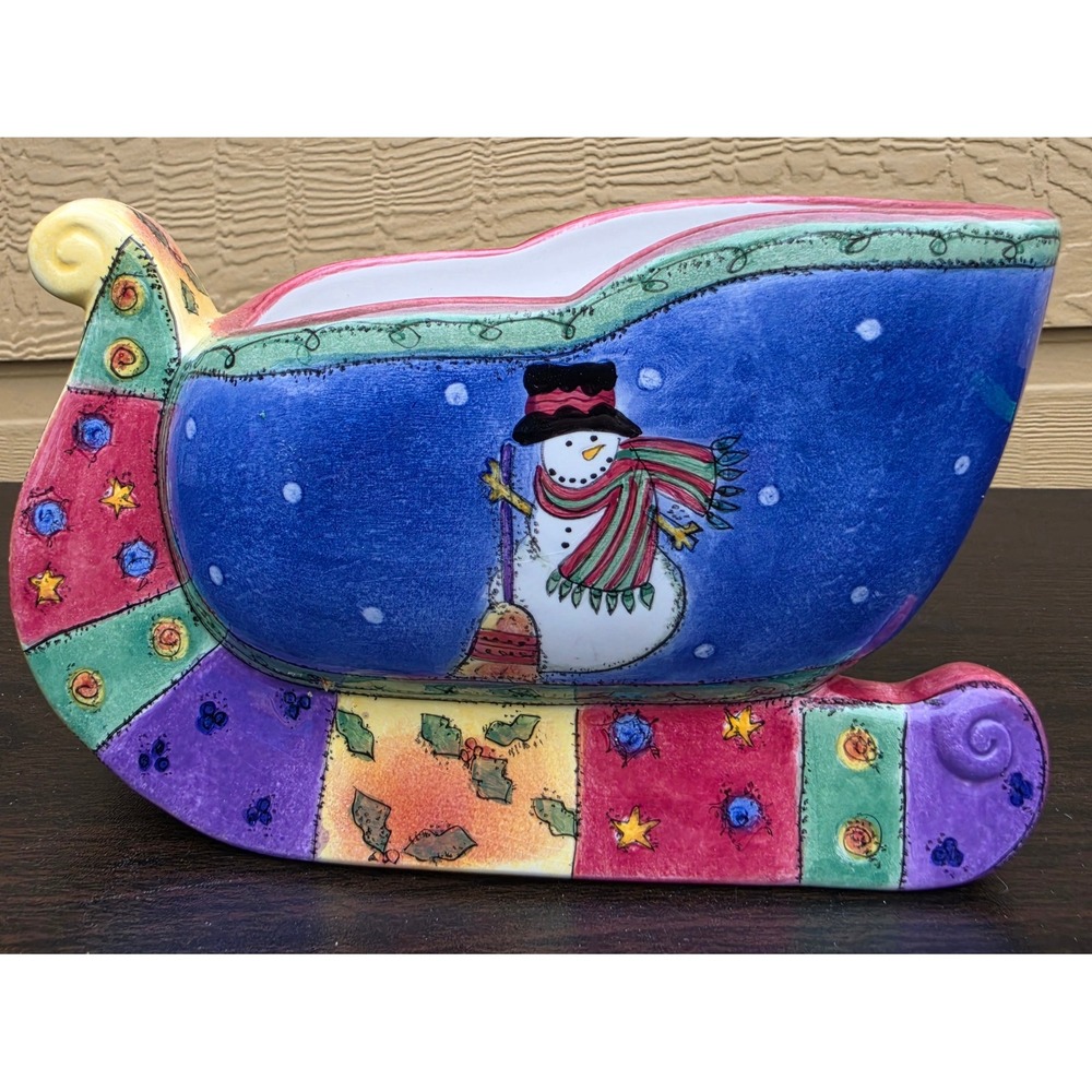 Hand Painted Ceramic Snowman Christmas Sleigh Planter Candy Dish Folk Art Decor